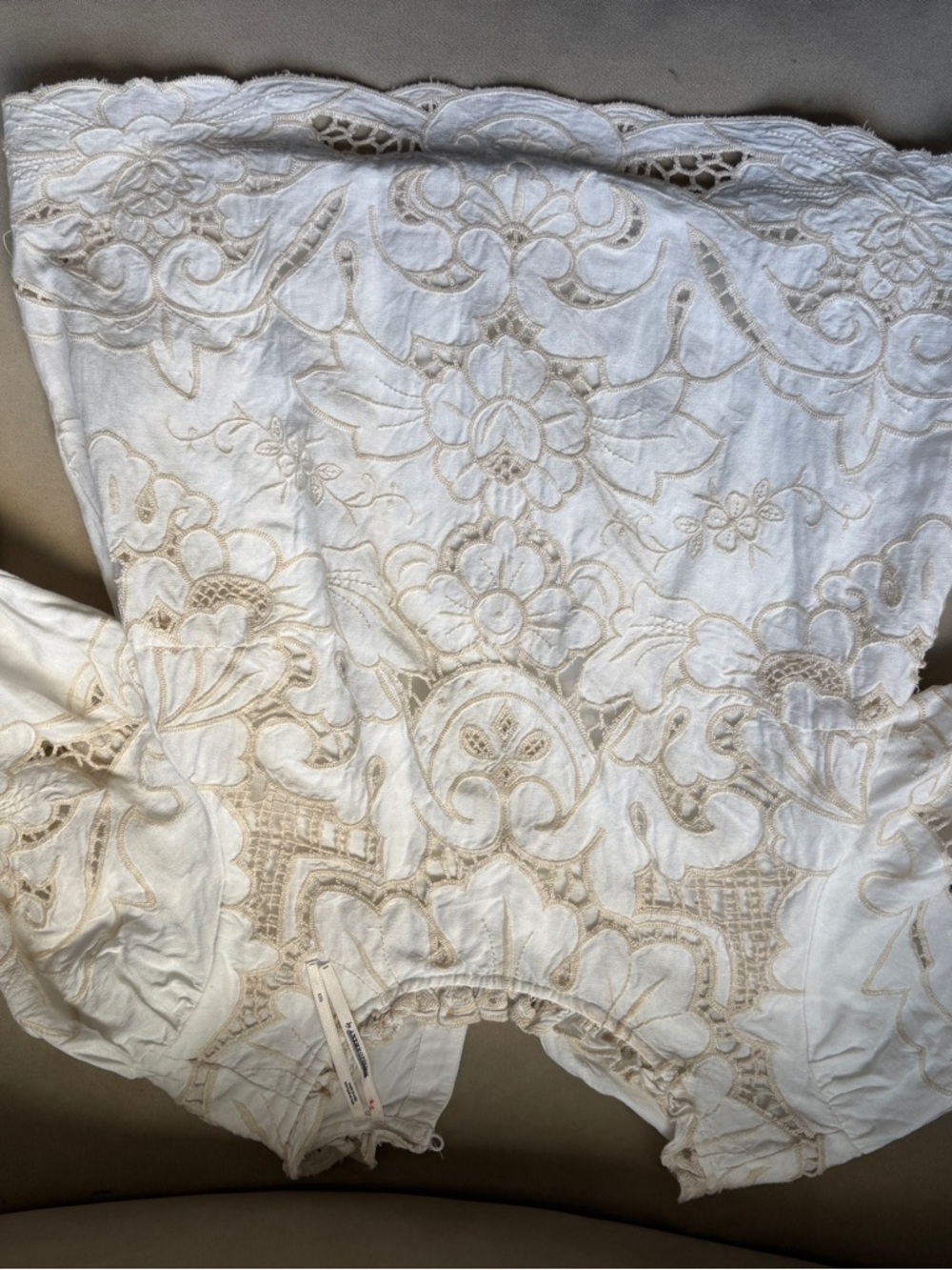 Anthropologie Cream Frayed-Trim Cotton Top
